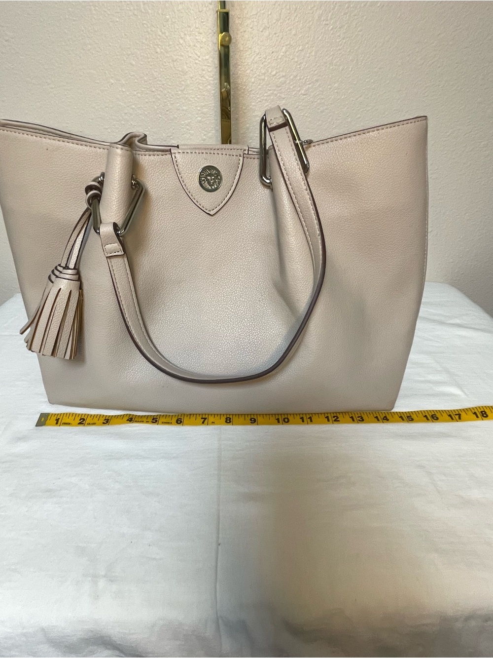 Anne Klein Taupe Vegan Pebbled Texture Tote with Lion & Tassel Charms - Picture 14 of 16